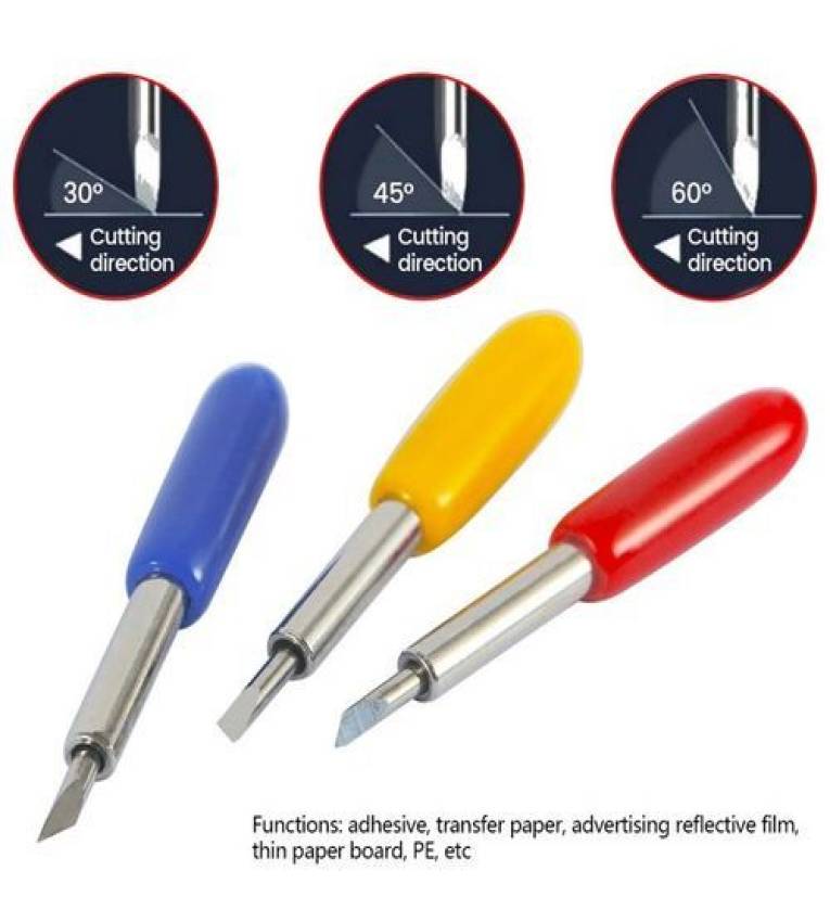 3 Lames de coupe en vinyle avec support de lame Jaune, rouge, bleu Angles de 30/45/60 degrés Lames de coupe de rechange pour machines de découpe Parfaites pour la signalisation et la publicité